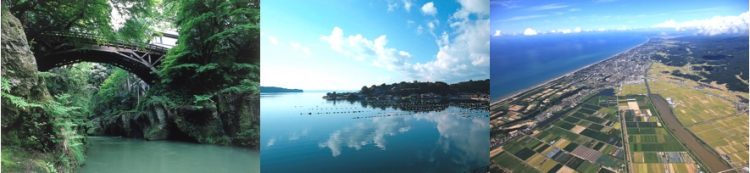 （左）全国有数の温泉地を有する「加賀市」（中央）美しき湾を抱く「穴水町」（左）海と山が近くコンパクトな「かほく市」